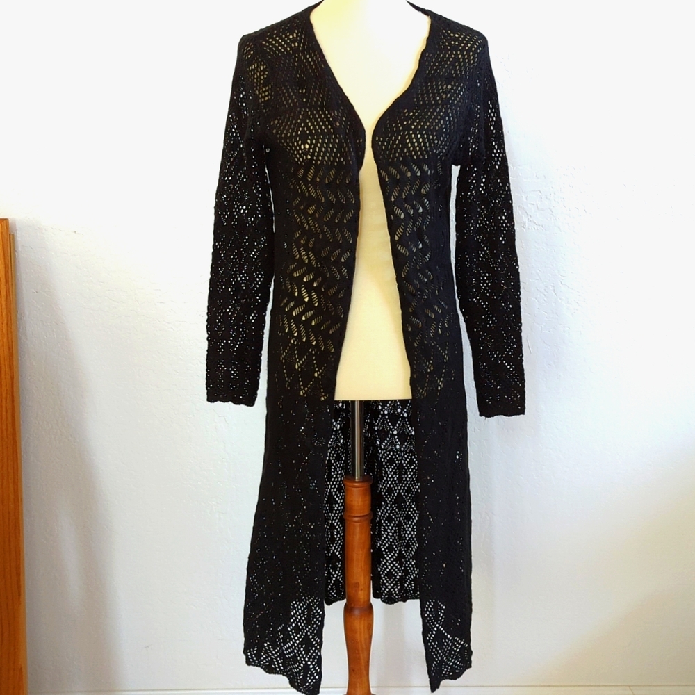 RD Style Duster Cardigan Crochet/Pointelle Black Medium